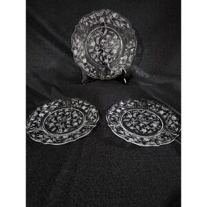 Fostoria Chintz Etched Crystal 9.5 Inch Dinner Plates Baroque Shape Set of 3